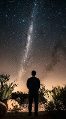 Fototapeta premium Man Witnessing Lyrid Meteor Shower in Desert Night Sky