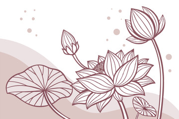 Elegant lotus flower line art with bud and leaf on soft background