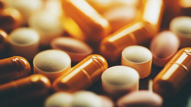 Close-up of assorted capsules and tablets on a blurred background, showcasing various shapes and colors, ideal for health and wellness themes