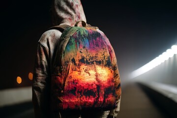 Vibrant backpack stands out at night on a deserted bridge during a foggy evening