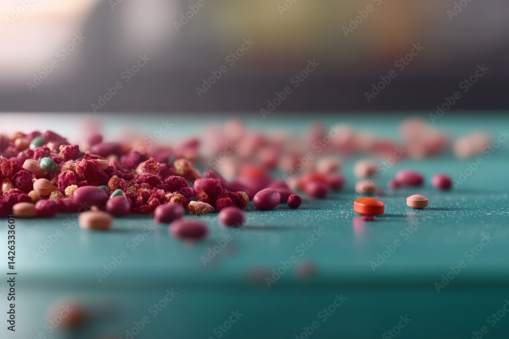 Poster Colorful pills and capsules are spread across a smooth teal surface, creating an eye-catching arrangement with a touch of soft texture and shadows for depth