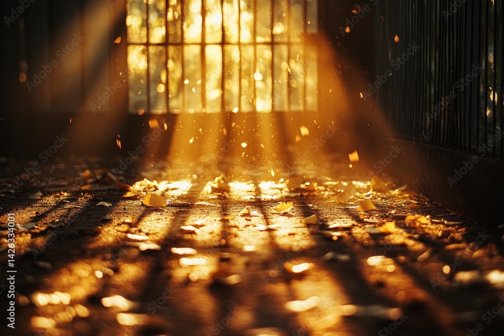 Poster Sunlight streams through bars, illuminating fallen leaves in a tranquil environment during autumn