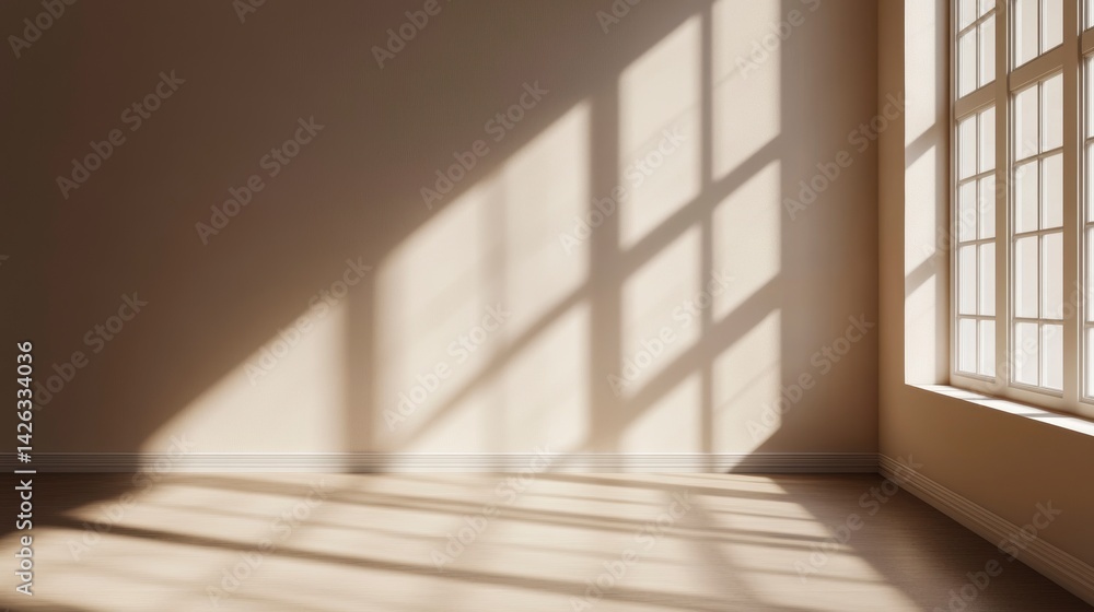 Poster sunlight streams through a large window into an empty room, casting shadows on the wall and floor.