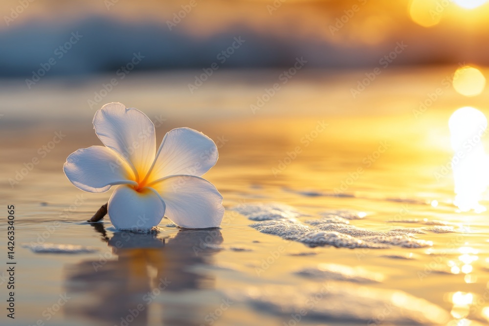 Aufkleber beautiful white flower resting on wet sand during sunset at the beach creating a serene and peaceful