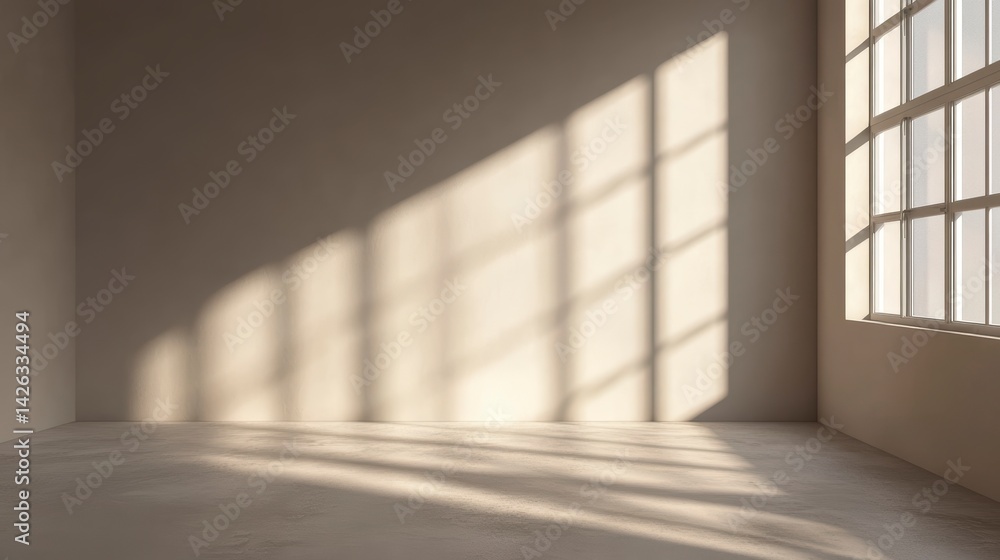 Poster sunlight streams through a large window in an empty room, casting shadows on the walls and floor.