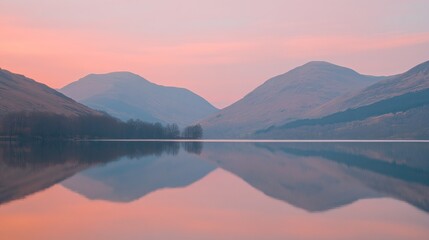 Fototapeta premium Misty mountains reflected in a tranquil loch at sunrise