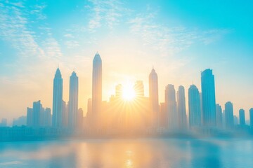 Fototapeta premium Sunrise over a modern city skyline reflecting on water with light haze and vibrant colors