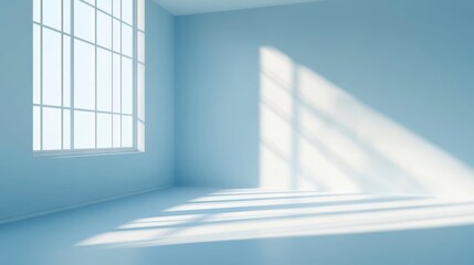 Obraz premium Sunlight streams into a bright blue empty room corner with large window.