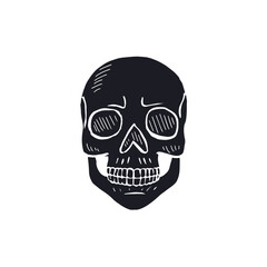 Hand drawn black silhouette human skull isolated on white background. Monochrome skeleton head design