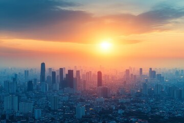 Fototapeta premium Vibrant sunset over a bustling city skyline with high-rise buildings and orange skies