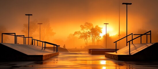 A hazy skate park, featuring ramps and rails, bathed in golden, sunlit mist