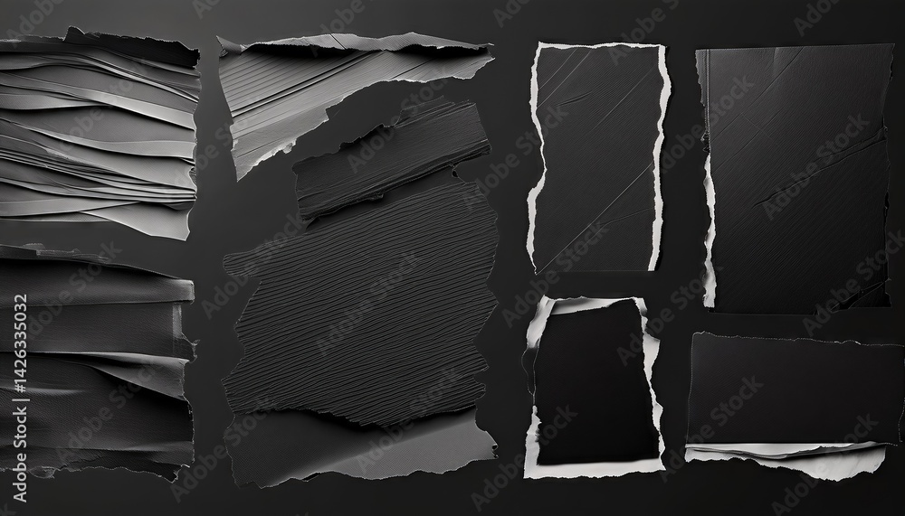 Poster torn black pages with uneven texture edges a mysterious abstraction, showcasing dark hues and distre