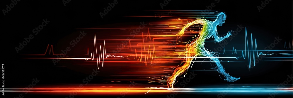 Poster healthy pulse shapes illustrate a running figure in motion with vibrant energy lines, highlighting a
