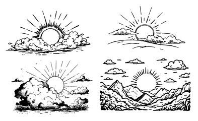 Sun and clouds in sky sketch engraving vector illustration. doodle  nature illustration