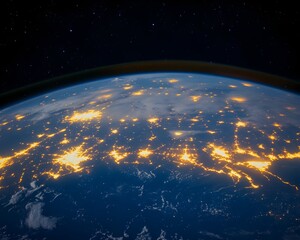 Obraz premium Night view of Earth from space, showcasing city lights and dark ocean