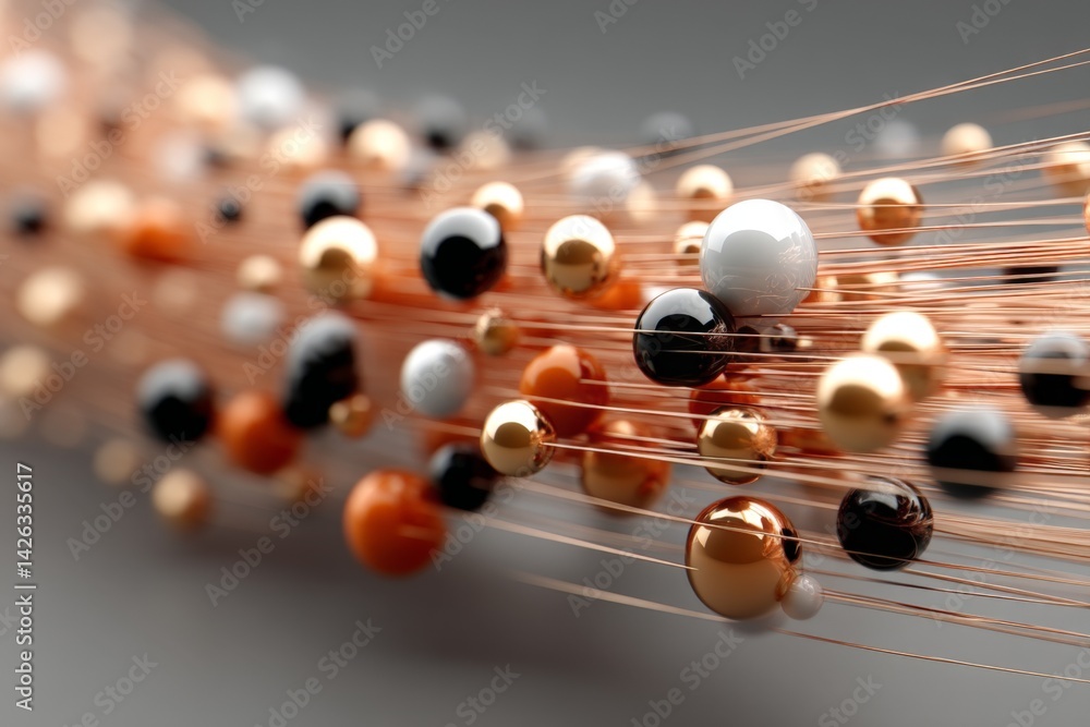 Poster Colorful metallic spheres and strands creating an artistic abstract composition on a smooth surface