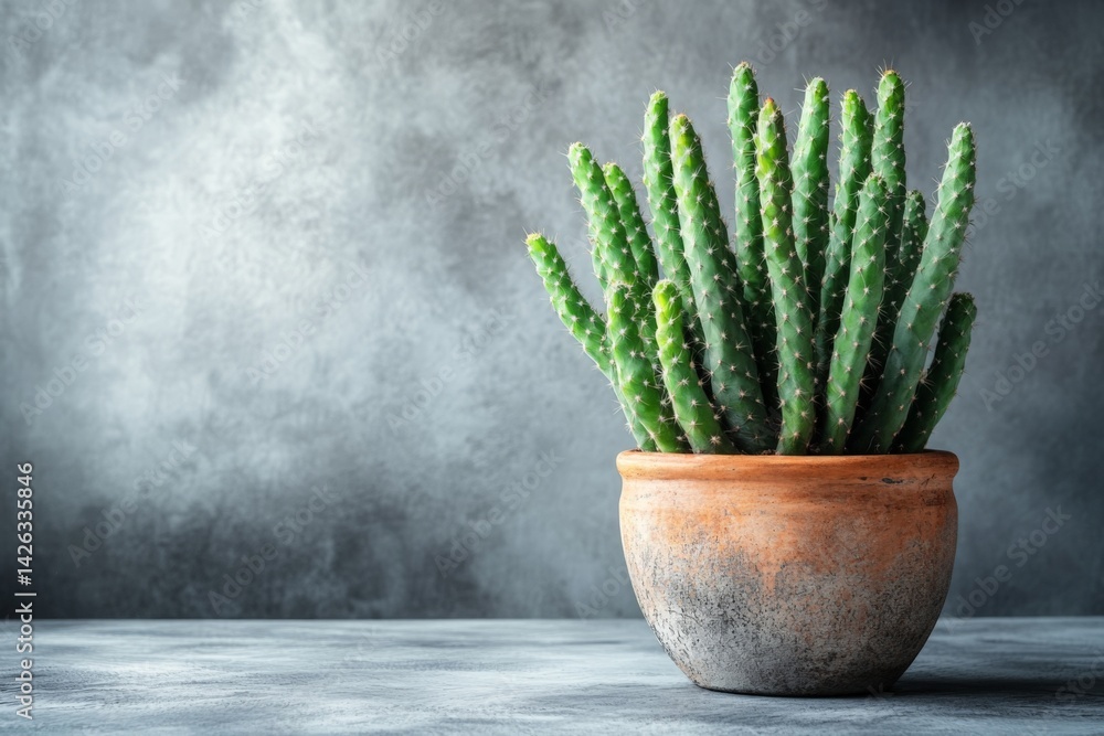 Poster cactus in a rustic pot on a textured surface against a blurred gray background