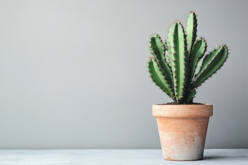 Fototapeta premium Cactus plant in a terracotta pot against a minimalist gray background