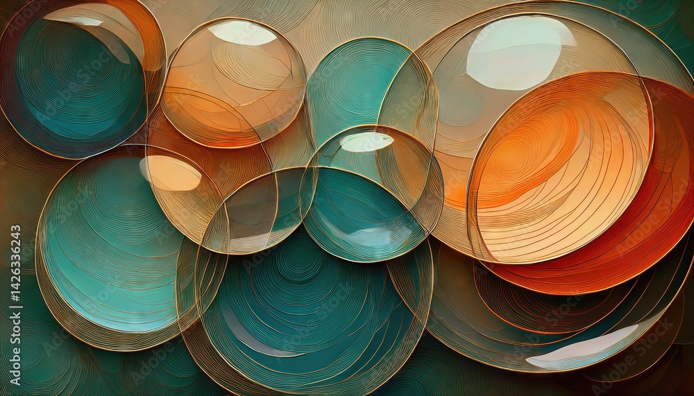 Poster translucent textured circles in an abstract dreamscape, showcasing intricate patterns and rich color