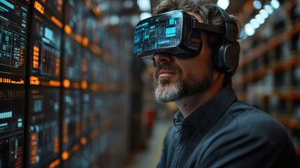 Man wearing VR headset in a warehouse setting, inspecting data and digital information, futuristic technology and modern logistics