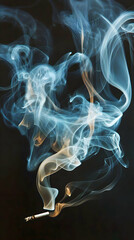 Fototapeta premium Abstract smoke swirls rising from matchstick against black background; ideal for concepts like fragility, ephemerality, or mystery