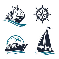 Nautical Vessel Icons Ship Sailing Boat Wheel Vector Set