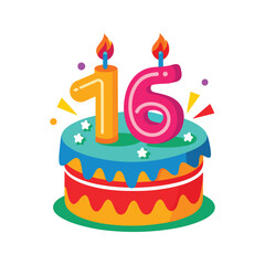 Birthday cake with 16 candles vector illustration isolated on white background