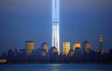 Tribute in Light illuminates NYC skyline at dusk