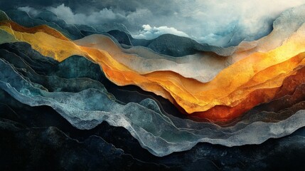 Abstract Landscape Layers: A Striking Textural Collage of Earth Tones and Dramatic Sky