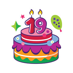 Birthday cake with 19 candles vector illustration isolated on white background