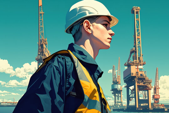 Woman in hard hat stands in front of large oil rig, contrasting blue sky. Energy industry symbolized by rig towering in background, woman representing workforce and safety awareness. - Powered by Adobe