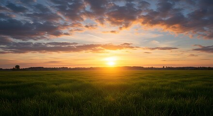 Fototapeta premium AI image capturing a serene sunset over a green field, with the golden sun low on the horizon painting clouds.