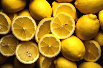 Fresh lemons background. Whole and cuted Lemons. Generative AI