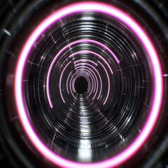 Fototapeta premium Pink neon rings illuminate a futuristic tunnel; abstract background; digital art for sci-fi, technology, or gaming