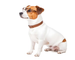 A small, white and brown dog sits wearing glasses, looking thoughtfully to its side against a white background