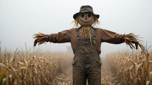 Scarecrow standing in golden wheat field with cloudy sky creating rural farmland autumn atmosphere