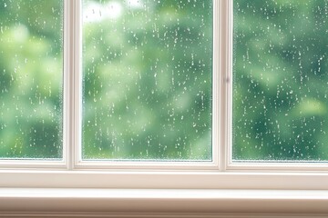 Rain-streaked windowpane reveals blurred green foliage