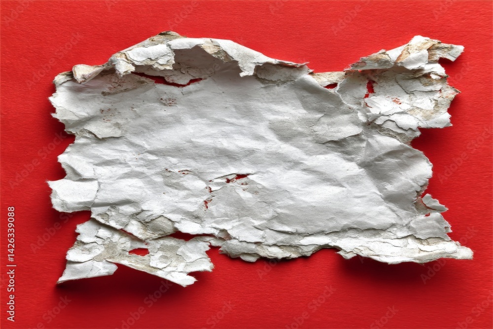 Poster torn white paper on a bright red background showcasing texture and contrast in a creative setup