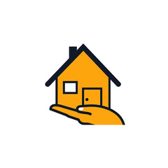 A stylized illustration of a yellow house being held in a hand, symbolizing care and protection, set against a simple background , isolated on white or transparent png