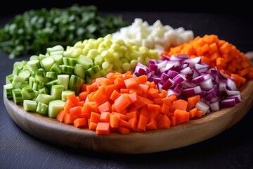 plate of stir fry vegetables on wooden table, top view.Generative AI