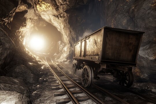 A mine cart sits on tracks inside a dark, cavernous mine tunnel, light visible at the far end