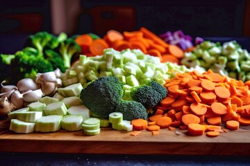 Top view set of sliced fresh vegetables serving on cutting board on wooden table. Generative AI
