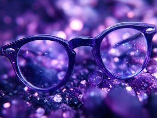 Stylish Eyeglasses on a Glittering Surface with Purple and Blue Hues