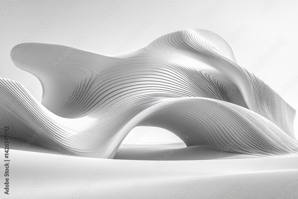 Poster Sculptural abstract form created with flowing lines in a minimalist white setting