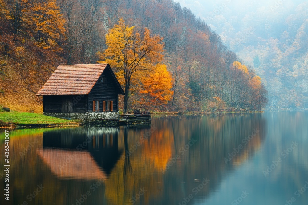 Poster scenic lakeside cabin surrounded by autumn foliage at dawn in a tranquil forest setting