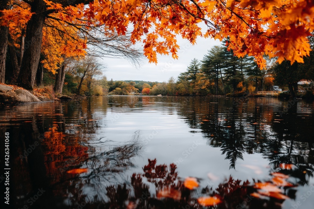 Poster reflection of autumn leaves in a calm river surrounded by trees in a serene park setting during late
