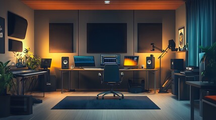 A modern podcast studio with minimal furniture and focused lighting