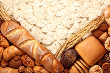 Bread background staple food concept with a group of baked goods from a bakery or home cooking made from whole wheat and grains.  Generative AI.