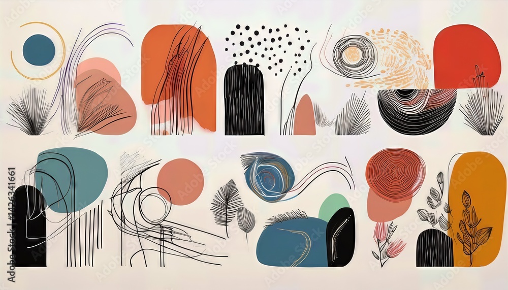 Poster trendy set of abstract creative minimal artistic hand sketched compositions bold lines merge with vi