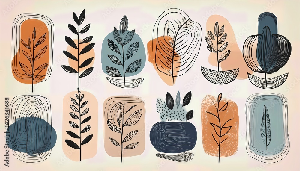 Poster artistic abstract sketches minimalistic compositions in creative handdrawn style, embracing vibrant 